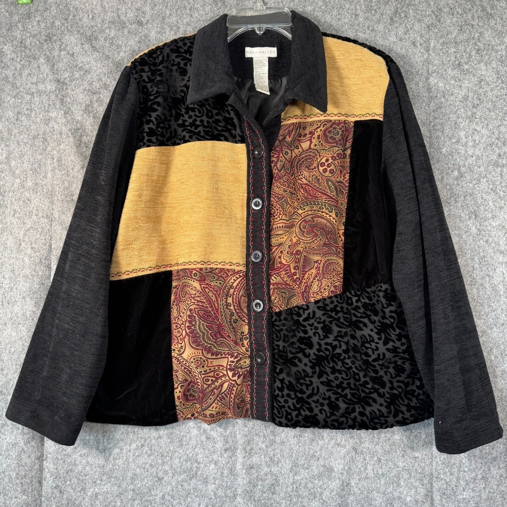 Vtg Patchwork Paisley Velvet Burnout Jacket Womens XL Black Boho 90s Art to Wear